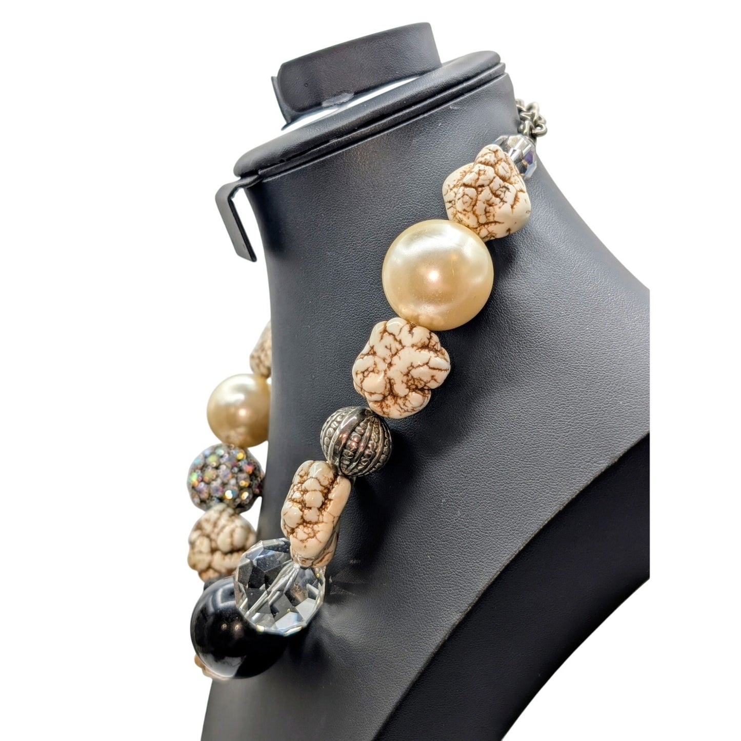 Extra Large Chunky Heavy Stone Glass Faux Pearl Rhinestone Ball 21.25" Necklace