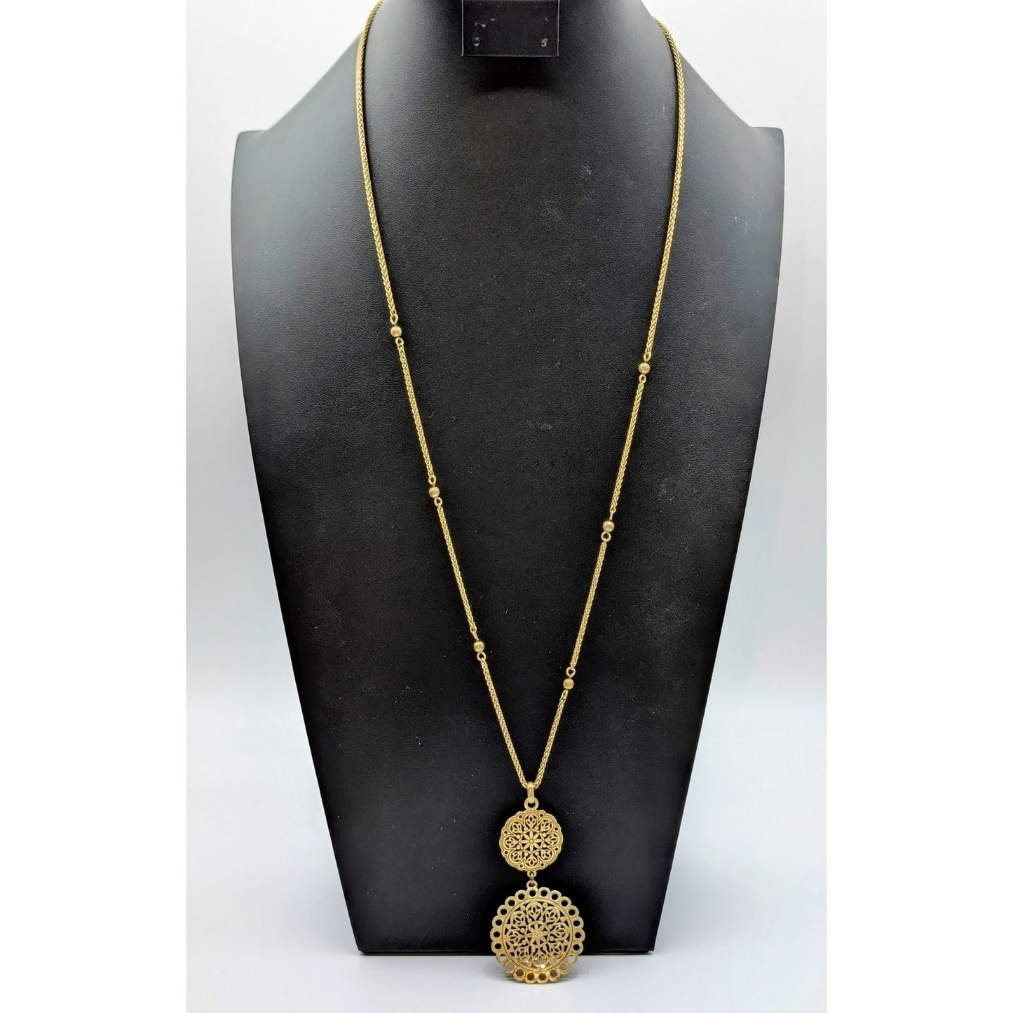 Lucky Brand Muted Gold Double Filigree Medallion Pendant Beaded Chain Necklace
