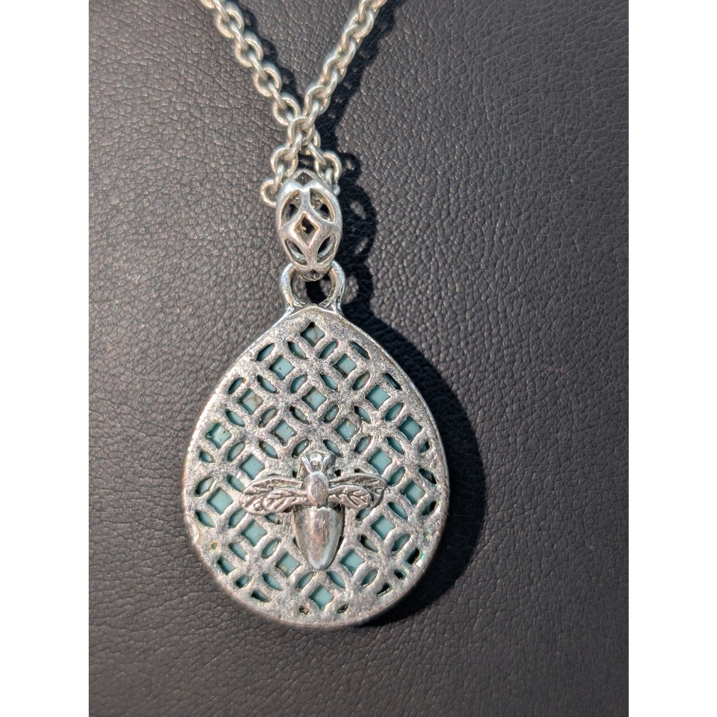 Fossil Faux Turquoise Teardrop Double Sided Pendant Bee Silver Tone Necklace