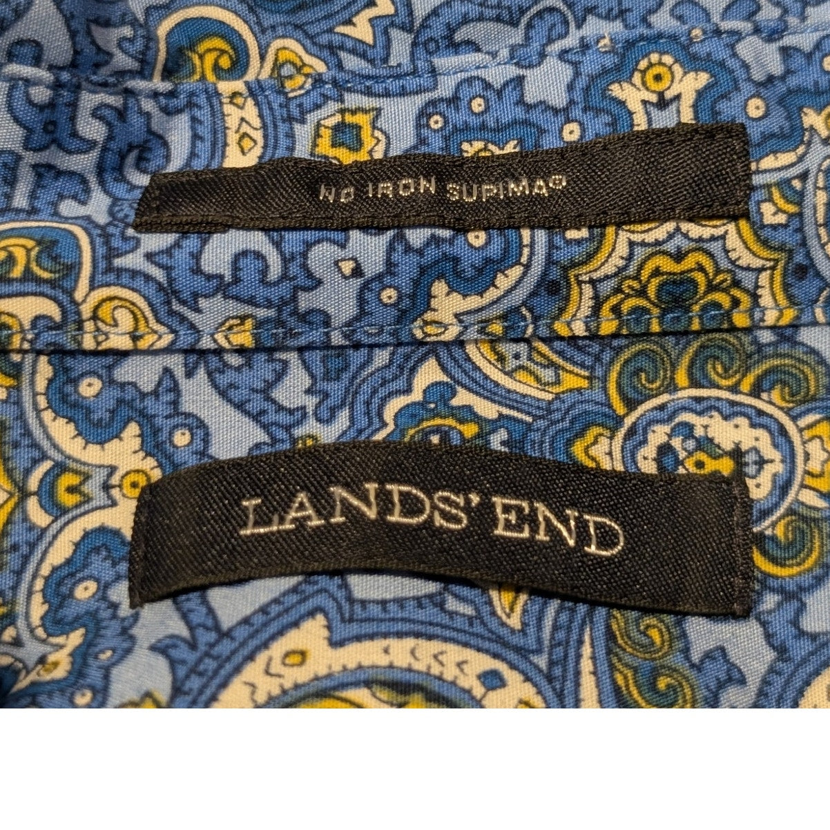 Lands' End Blue Yellow Paisley Half Button Popover No Iron Supima Womens Tunic