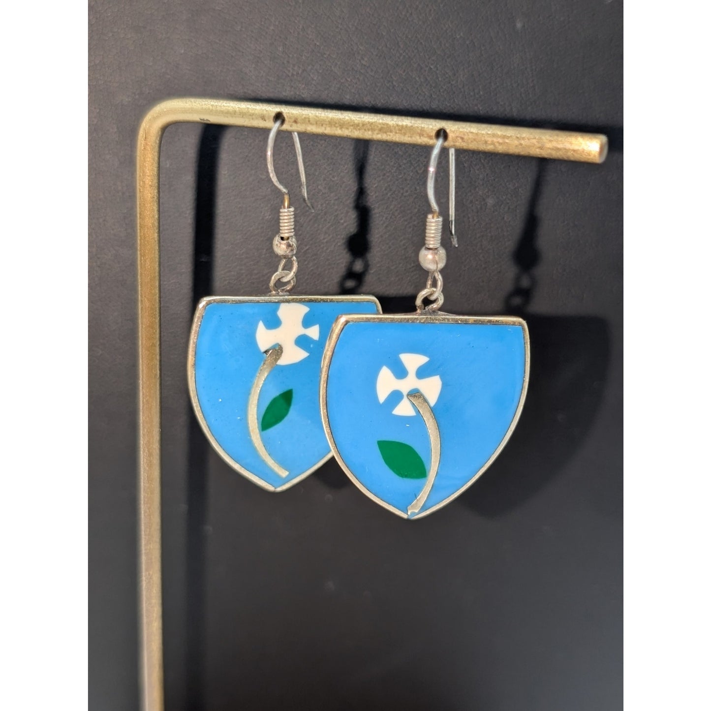 Vintage Alpaca Mexico Blue Floral Enamel Shield Dangle Earrings