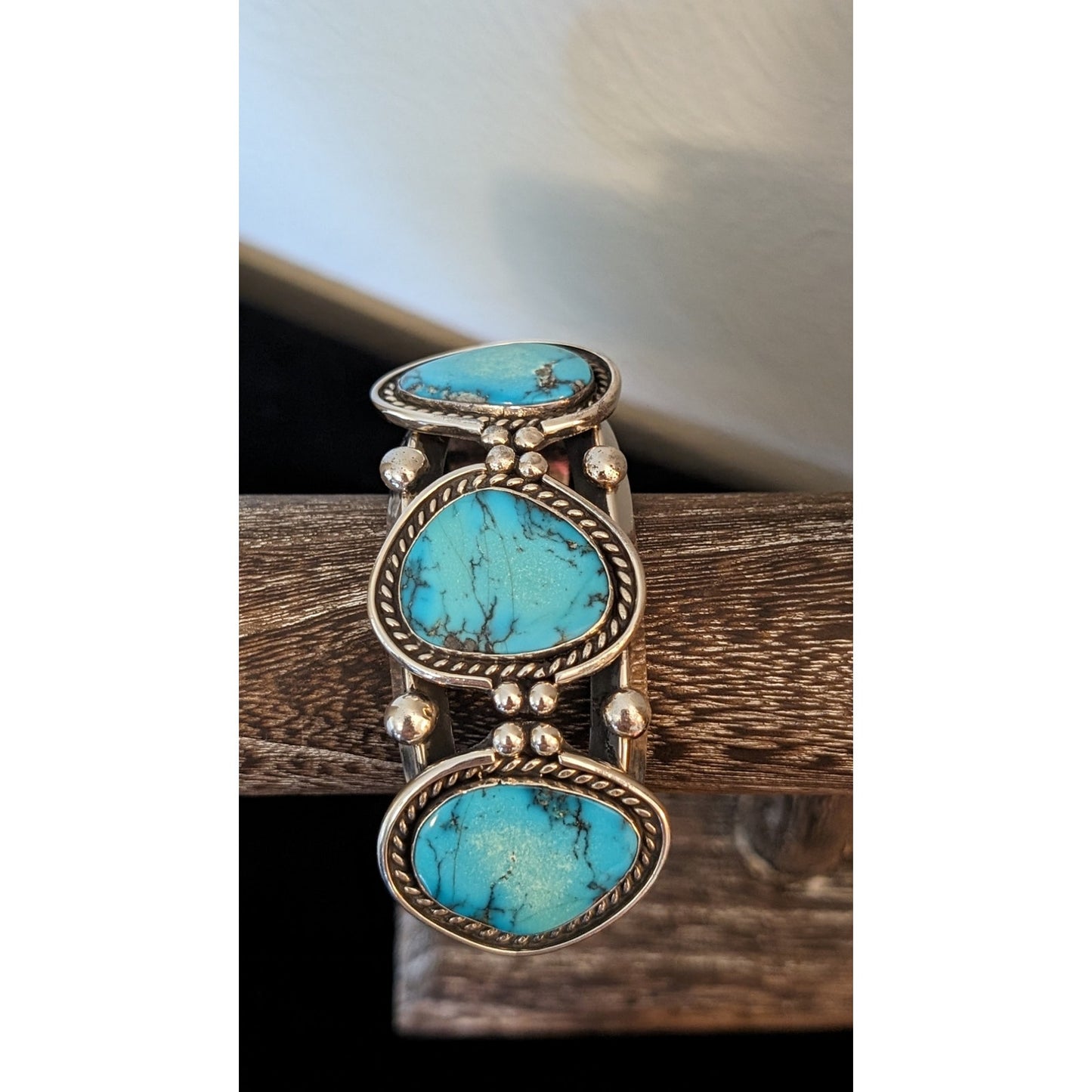 Three Turquoise Stone & Sterling Silver Chunky Cuff Bracelet