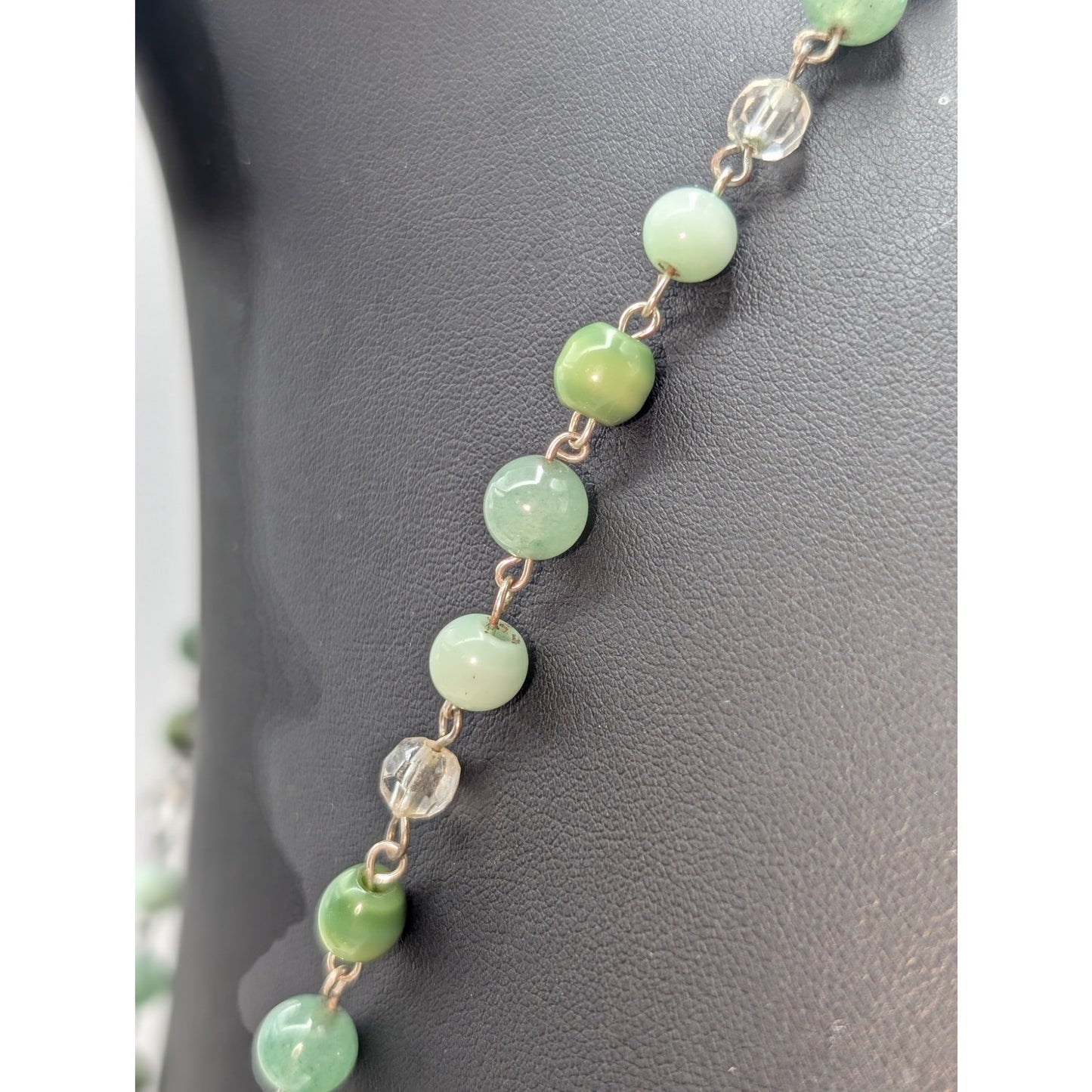 Green Stone Cat's Eye Crystal Bead Rosary Style Chain Y-Drop Toggle 23" Necklace