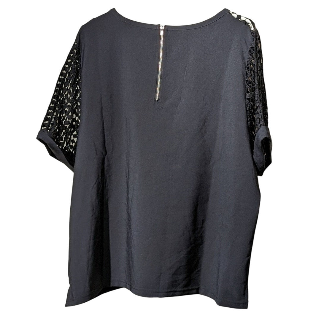 Curve Revolution Black Lace Sleeve/Front Back Zip Roll Sleeve Top Womens Sz 2X