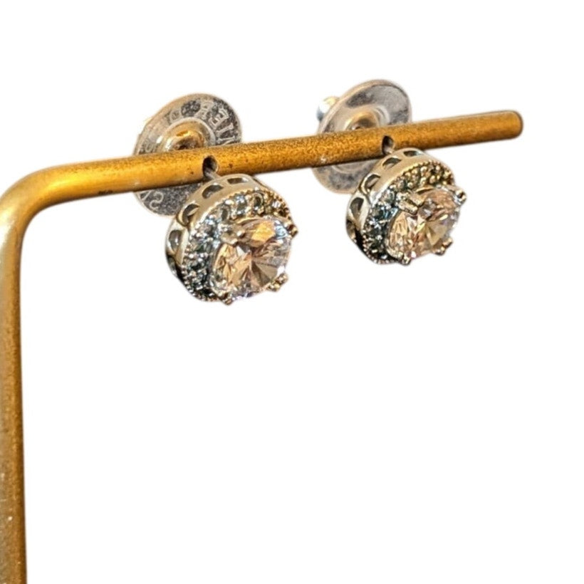 Marked PD Silver Tone CZ Surrounded by Small CZs Stud Earrings