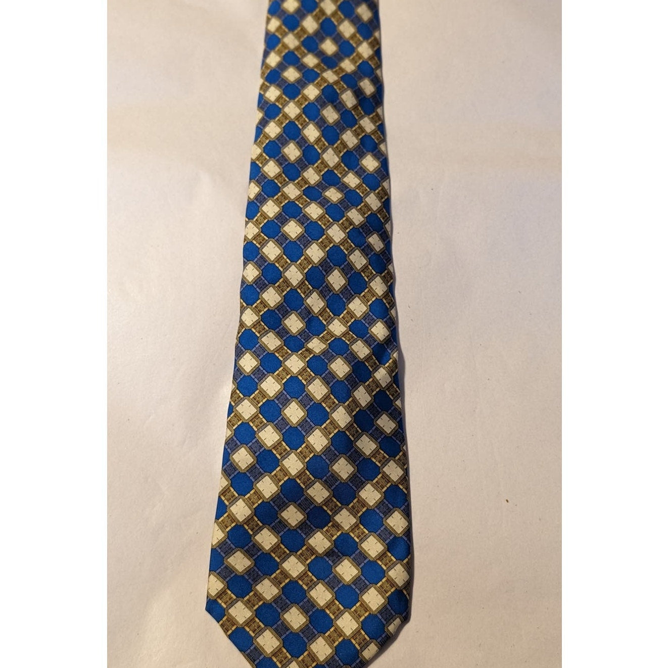 Piaget Silk Vintage 100% Silk Blue Gold Geometric Design Neck Tie