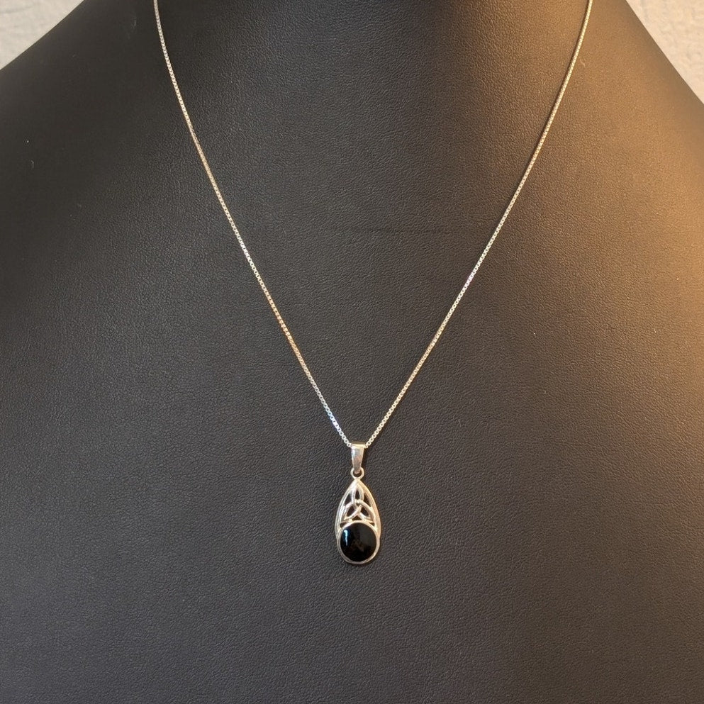 925 Sterling Silver Black Onyx Celtic Cross Teardrop Pendant 18" Necklace