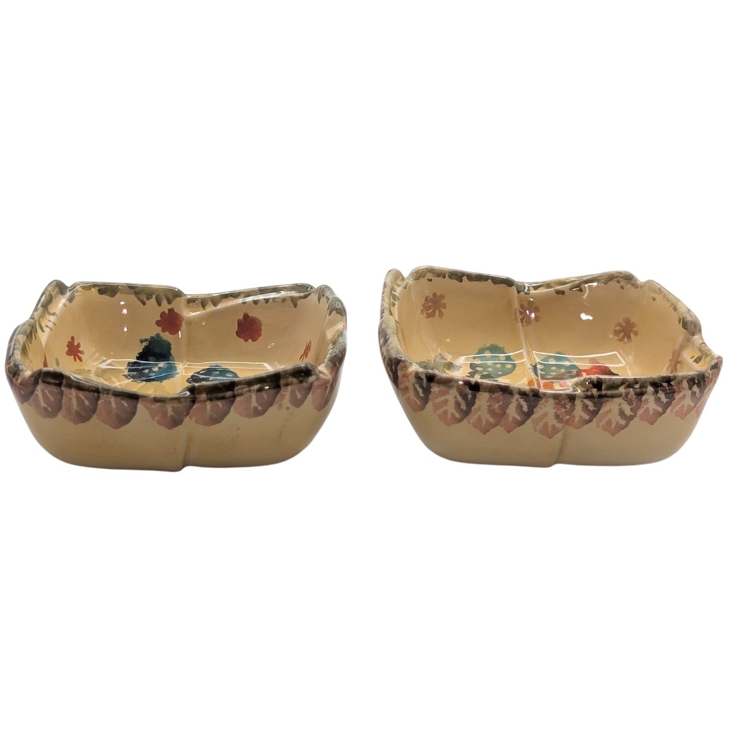 Set of Two Italian Pottery Hand Painted Square Bowls