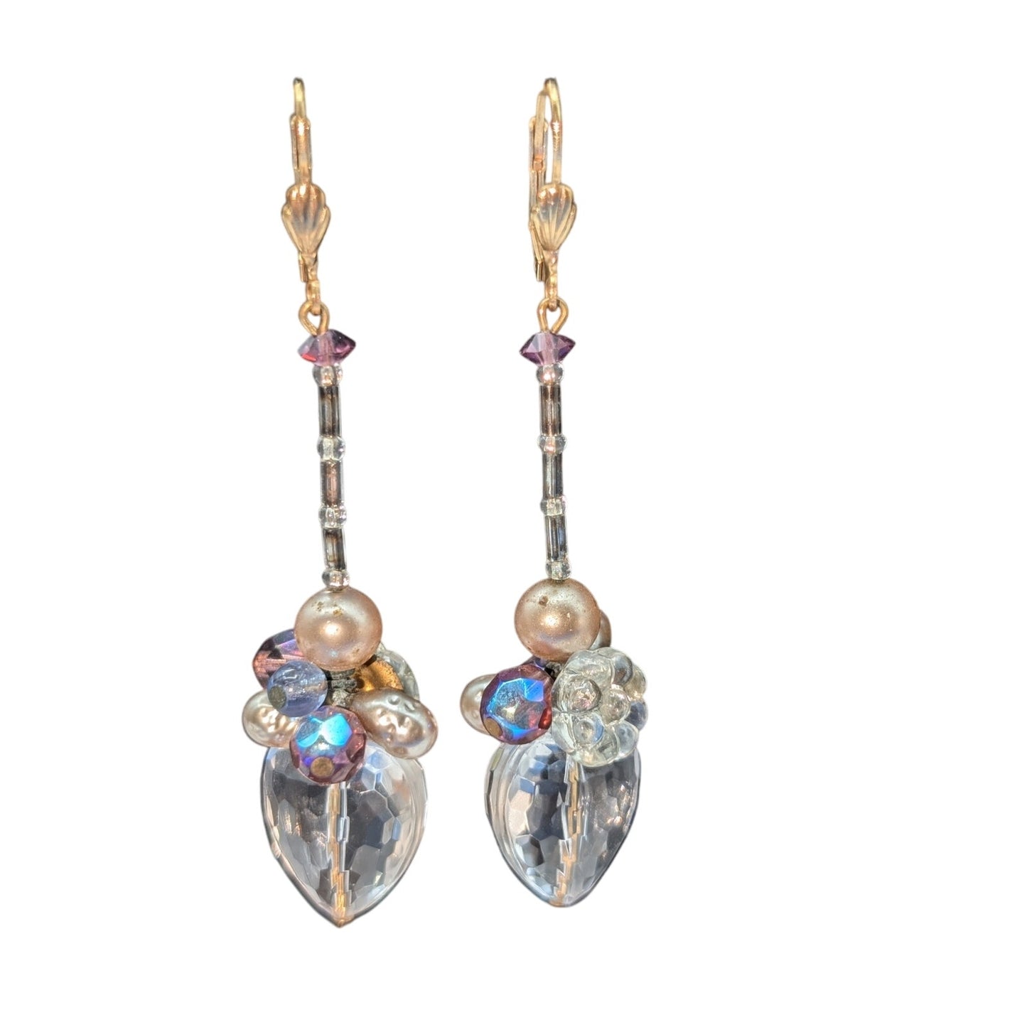 Crystal Faceted Heart Pearl Crystal Flower Beaded Gold Tone Lever Back Earrings