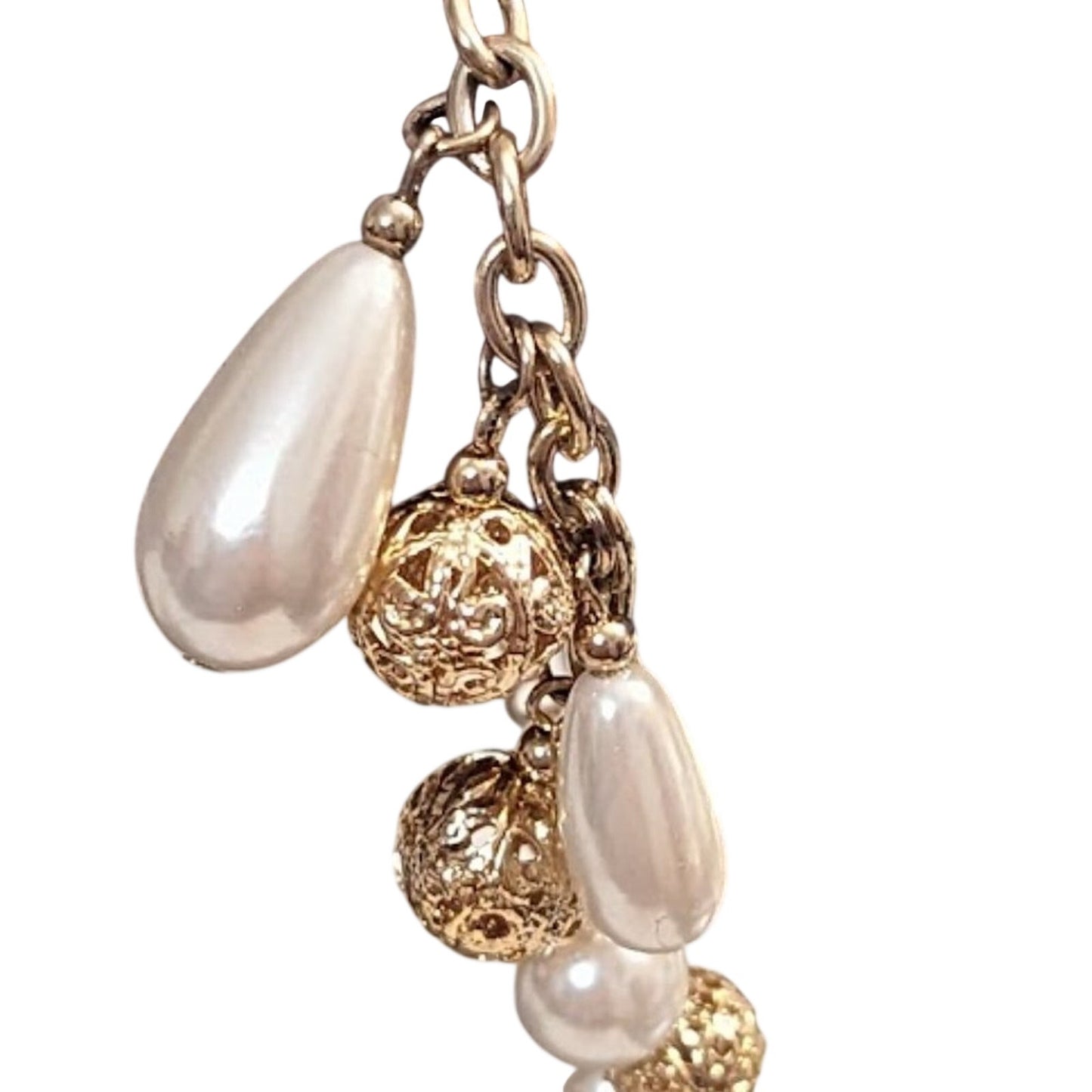 Vintage Gold Tone Filigree Ball Round & Teardrop Faux Pearl Bead Bracelet