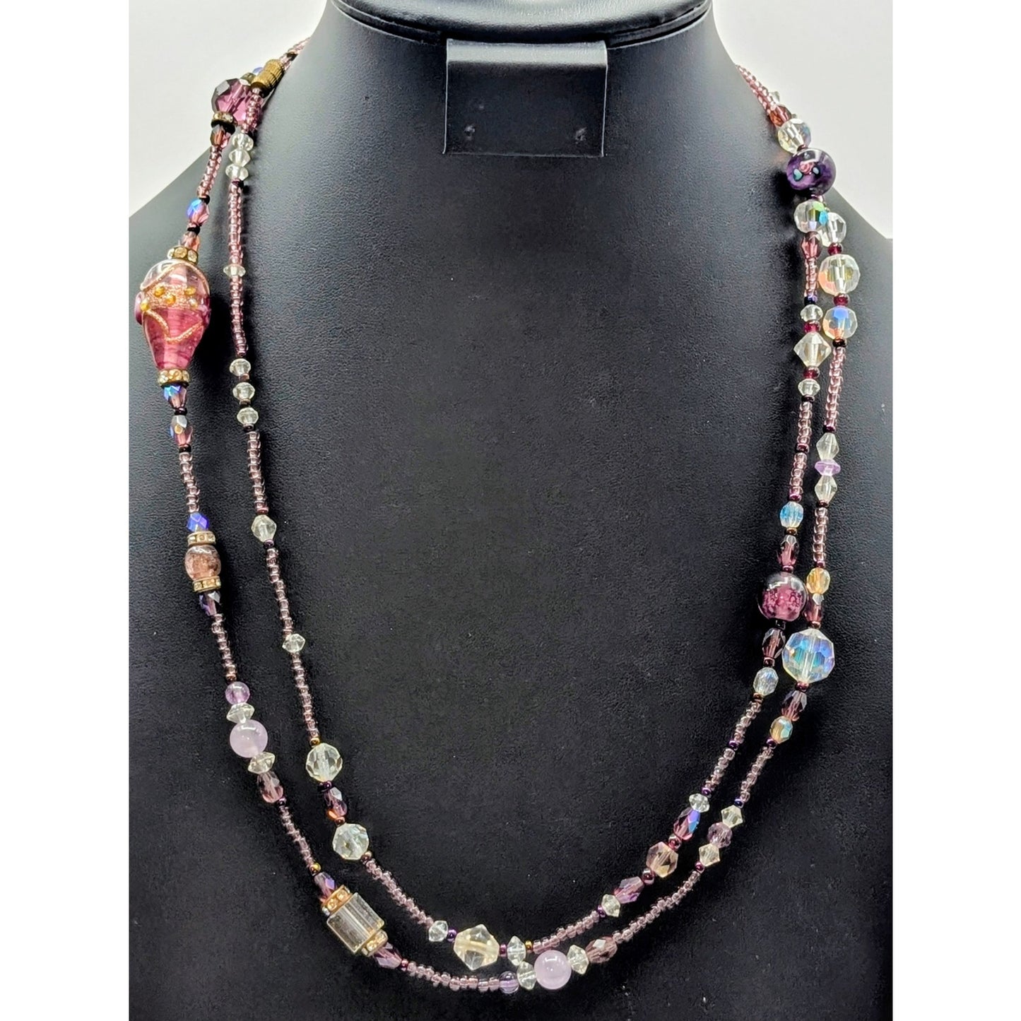 VTG Gorgeous Purple Lampwork & Glass Bead Multi-Shape Crystal 50" Long Necklace