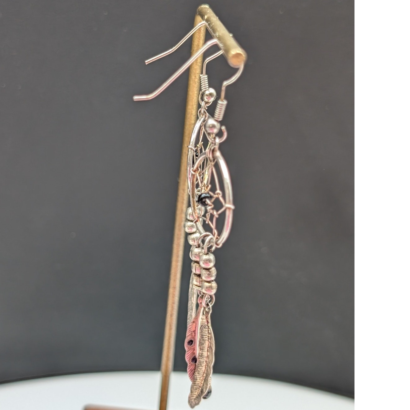 Silver Tone Dream Catcher Feather Dangle Hoop Earrings