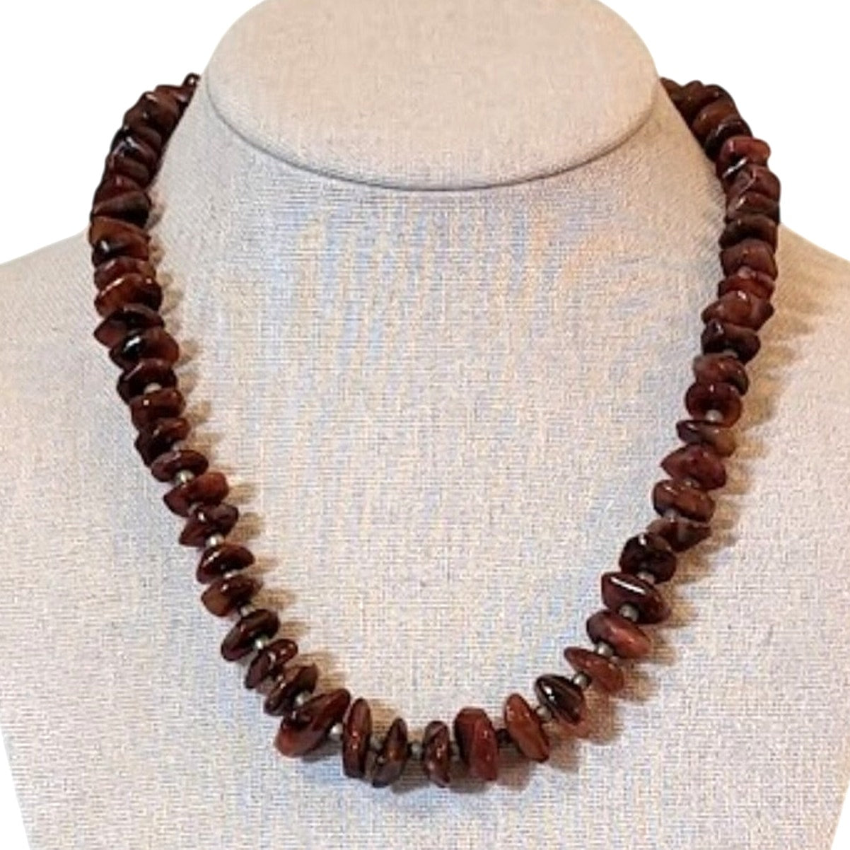 Vintage Red Brown Stone Beaded Chip Necklace with Brass Accents