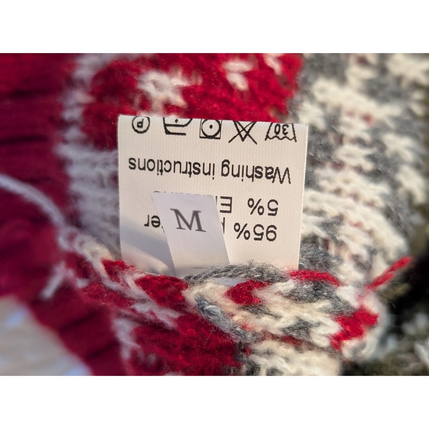 Islandic Fair Isle Gray Red Green Cream Faux Pearl Button Cardigan Womens Sz M
