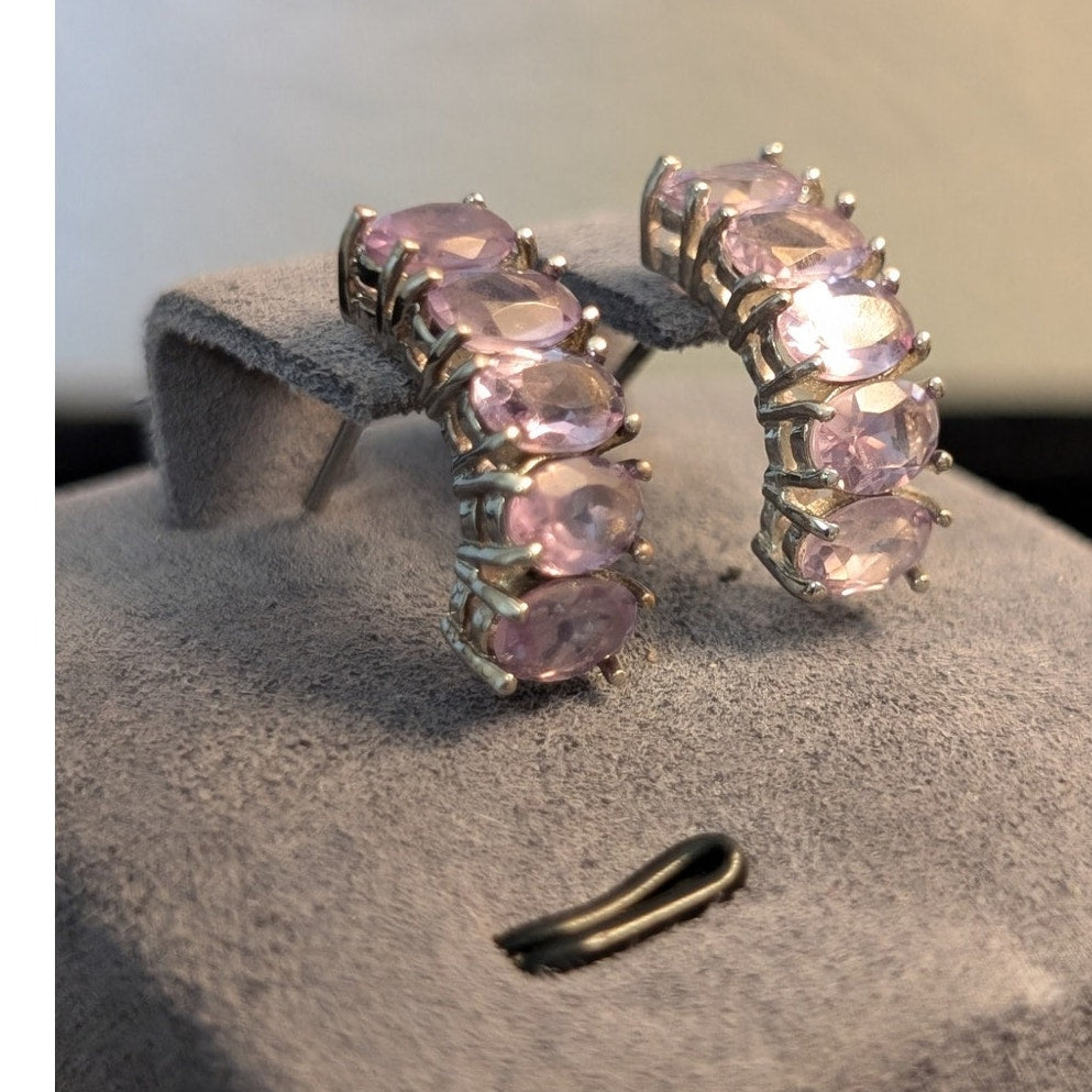 Pink Gemstone 925 Sterling FAS Half Hoop Post Earrings