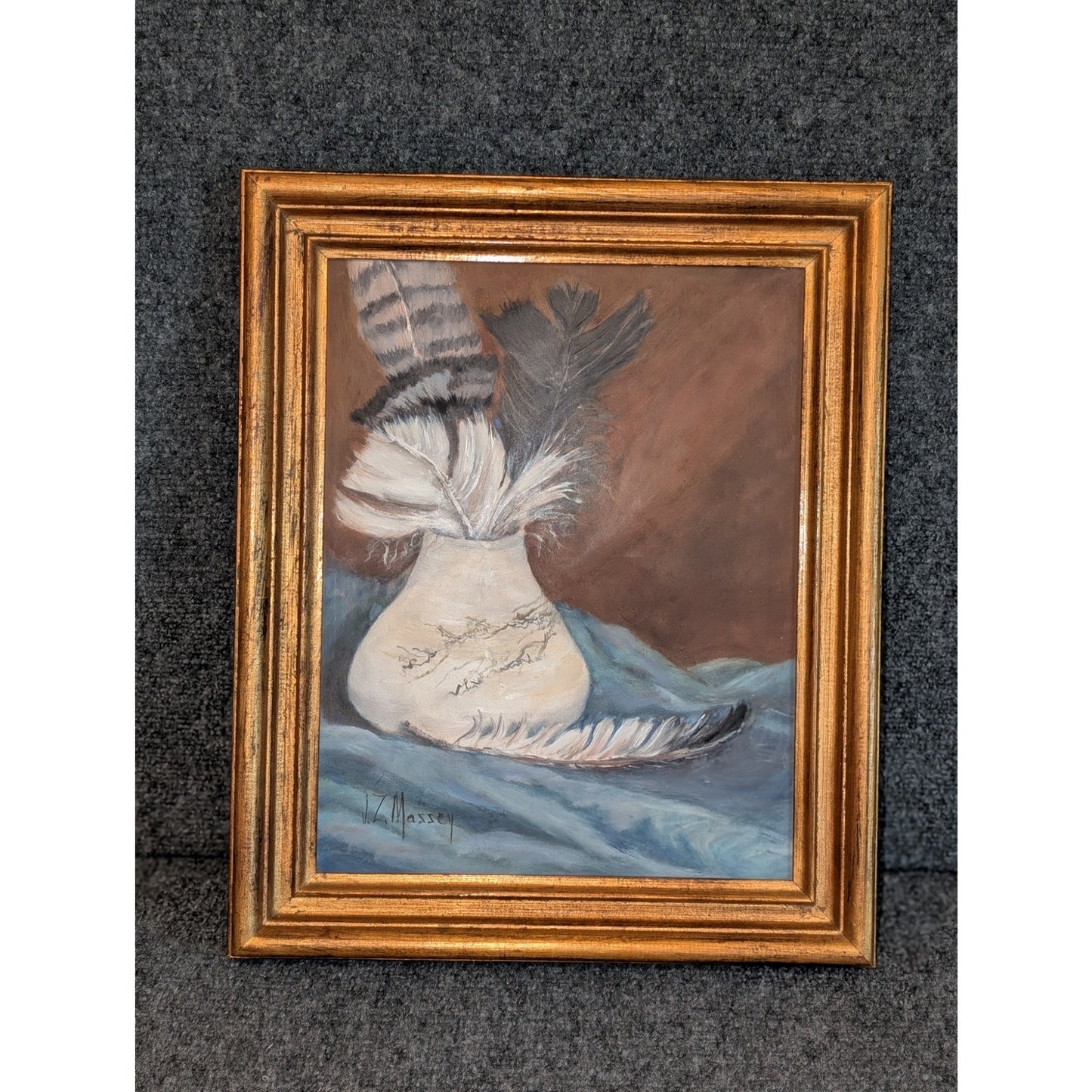 Original Signed J.Z. Massey Feathers in Vase Bronze Gilt Wood Framed Painting