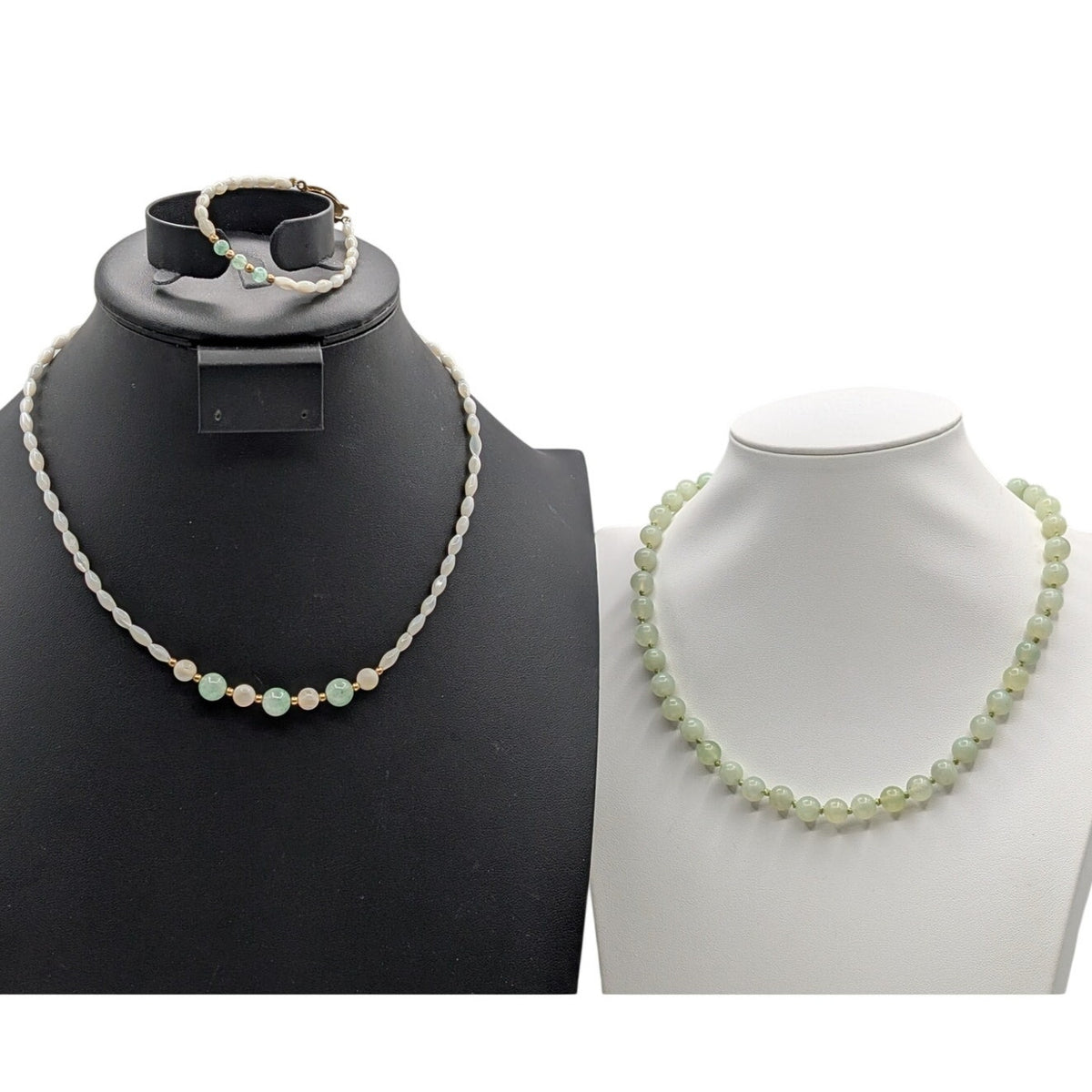 VTG 3 Pc Lot--2 Necklaces & 1 Bracelet MOP & Semi-Precious Green Stone Jewelry