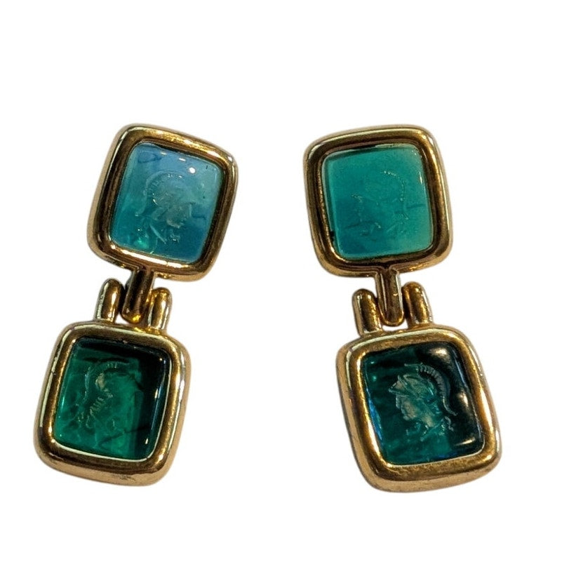 Vintage Monet Gold Tone Warrior Green Intaglio Etched Drop Pierced Earrings Rare