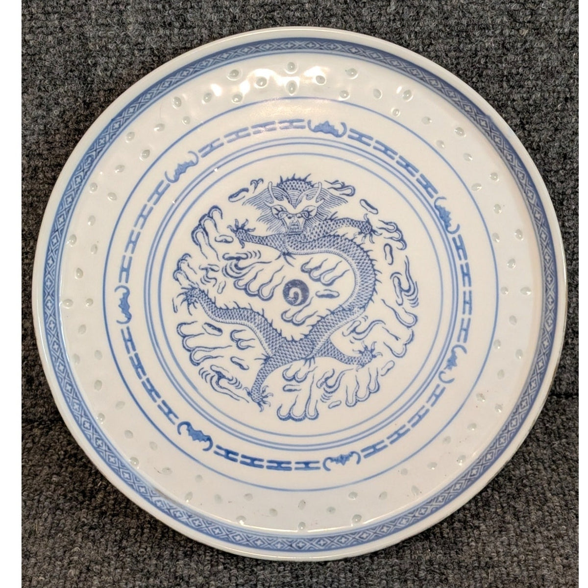 Vintage 1970s  Rice Grain Fifteen Piece Porcelain Blue White Dragon Tea Set