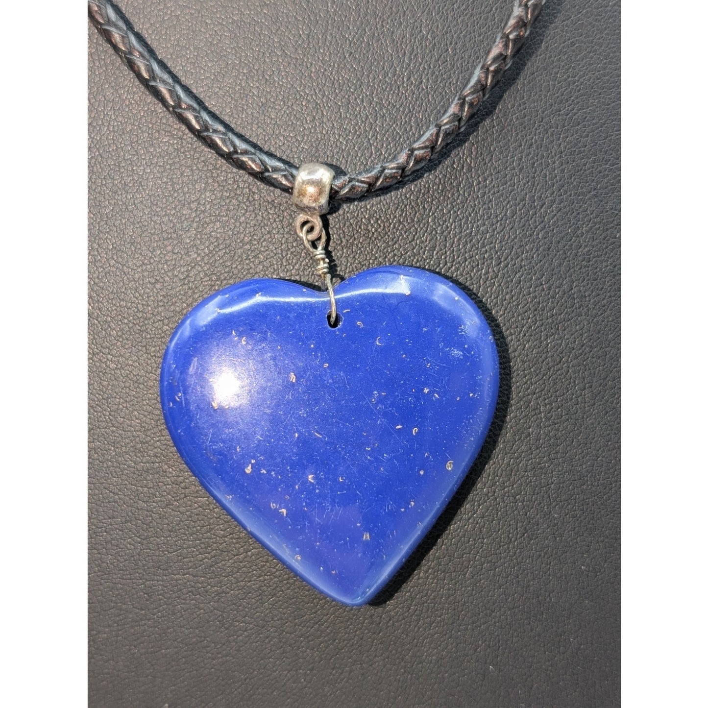 Large Blue Stone Heart Black Braided Cord Silver Tone 18"-20" Necklace
