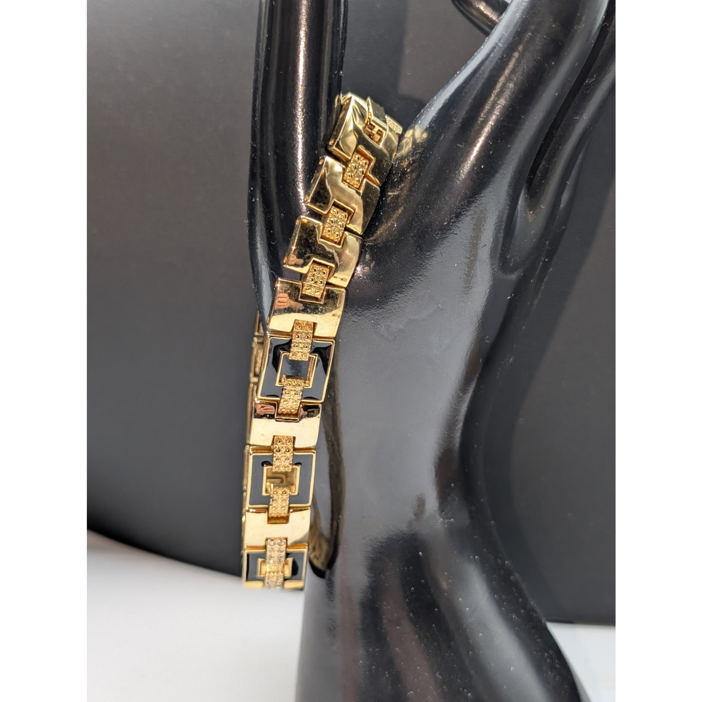 Vtg Gold Tone Black or Blue Enamel Rhinestone XL Extra Link 1/2" Wide Bracelet