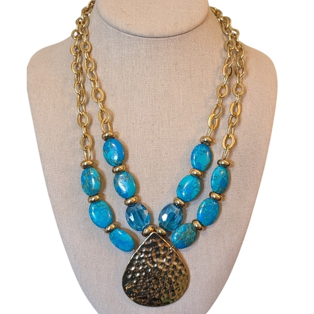 KR Blue Stone Gold Tone Chain Hammered Pendant Double Strand Necklace