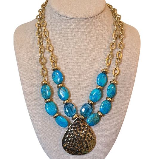 KR Blue Stone Gold Tone Chain Hammered Pendant Double Strand Necklace