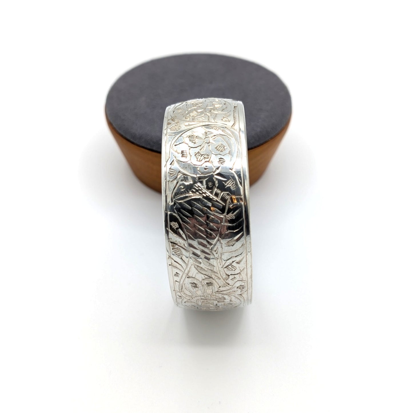 Vintage Silver Tone Engraved Floral Animal  1" Wide Bangle From India