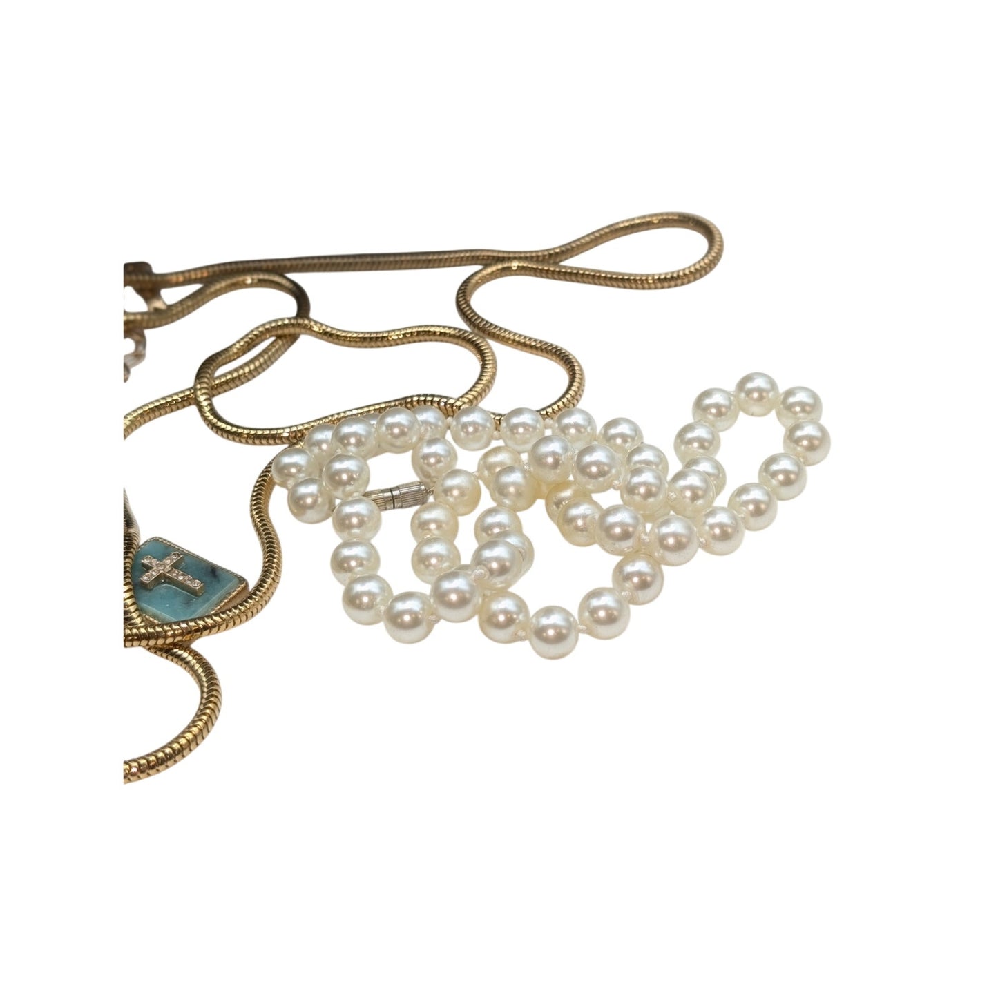 Lot of 4 Gold Tone Necklaces-Short Pearl Long Pearl Long Snake Chain & Cross