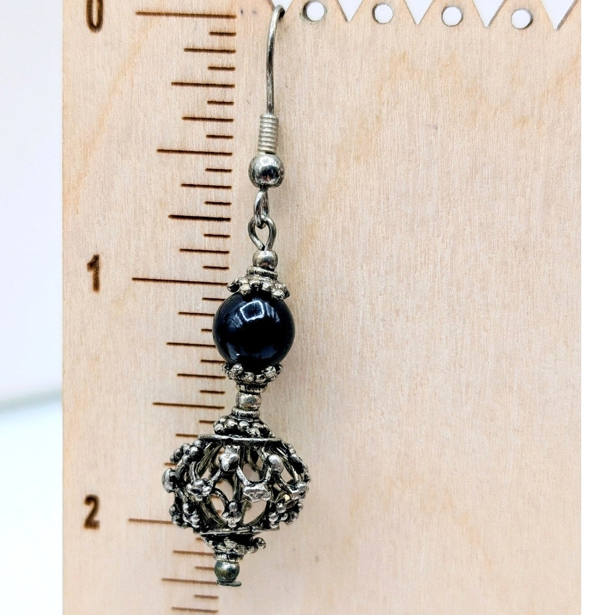 Black Glass & Lacy Silver Tone Ball Bead Dangle Wire Earrings