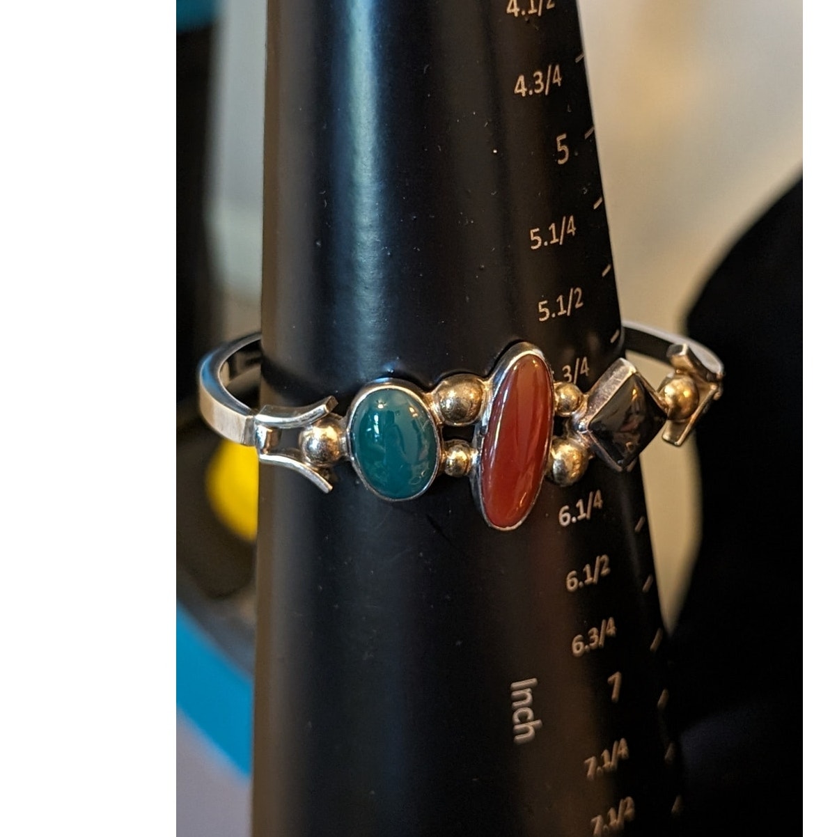 Vintage Mexico 925 Sterling Silver Three Stone Hook Latch Bangle Bracelet