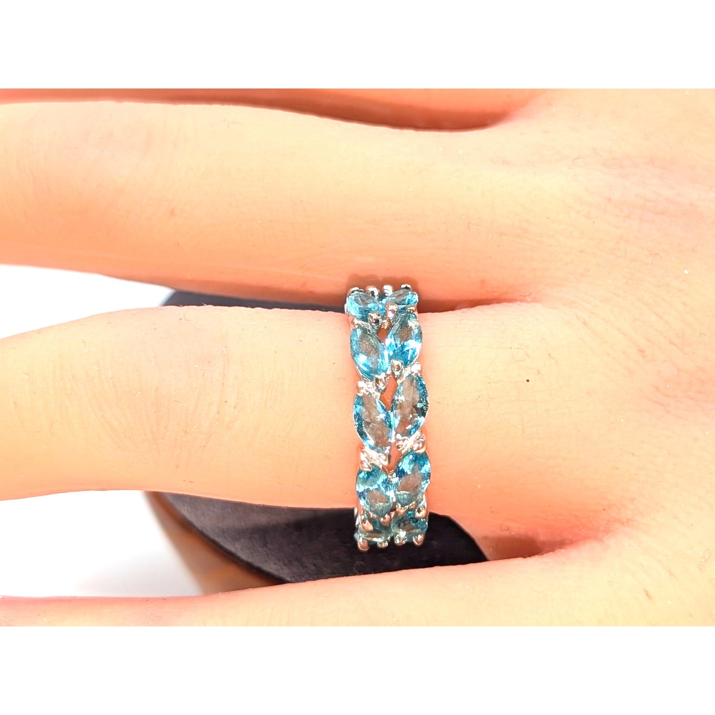925 Sterling Silver Marquis Cut Blue Glass Eternity Band Ring Size 6.75-7
