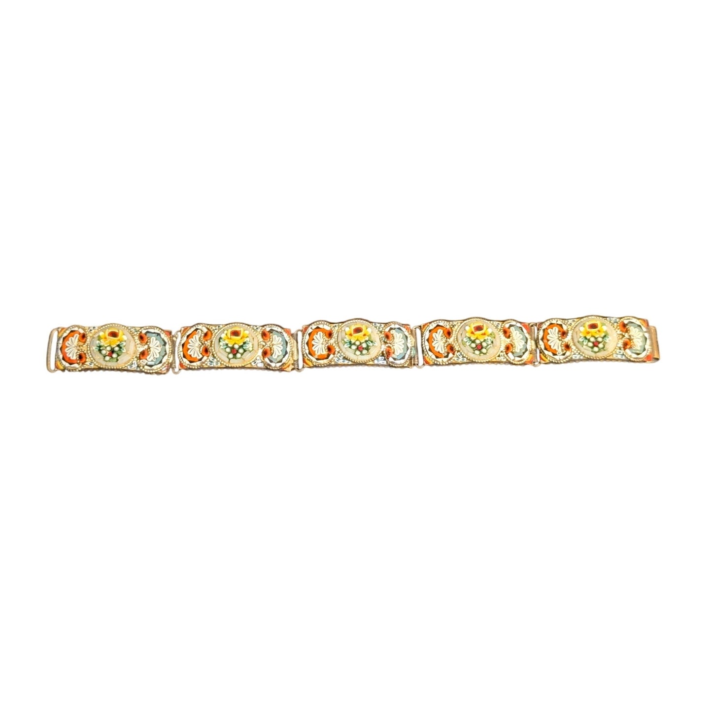 7.5" Antique Italian Micro Mosaic Multi Color Floral Link Hook Clasp Bracelet