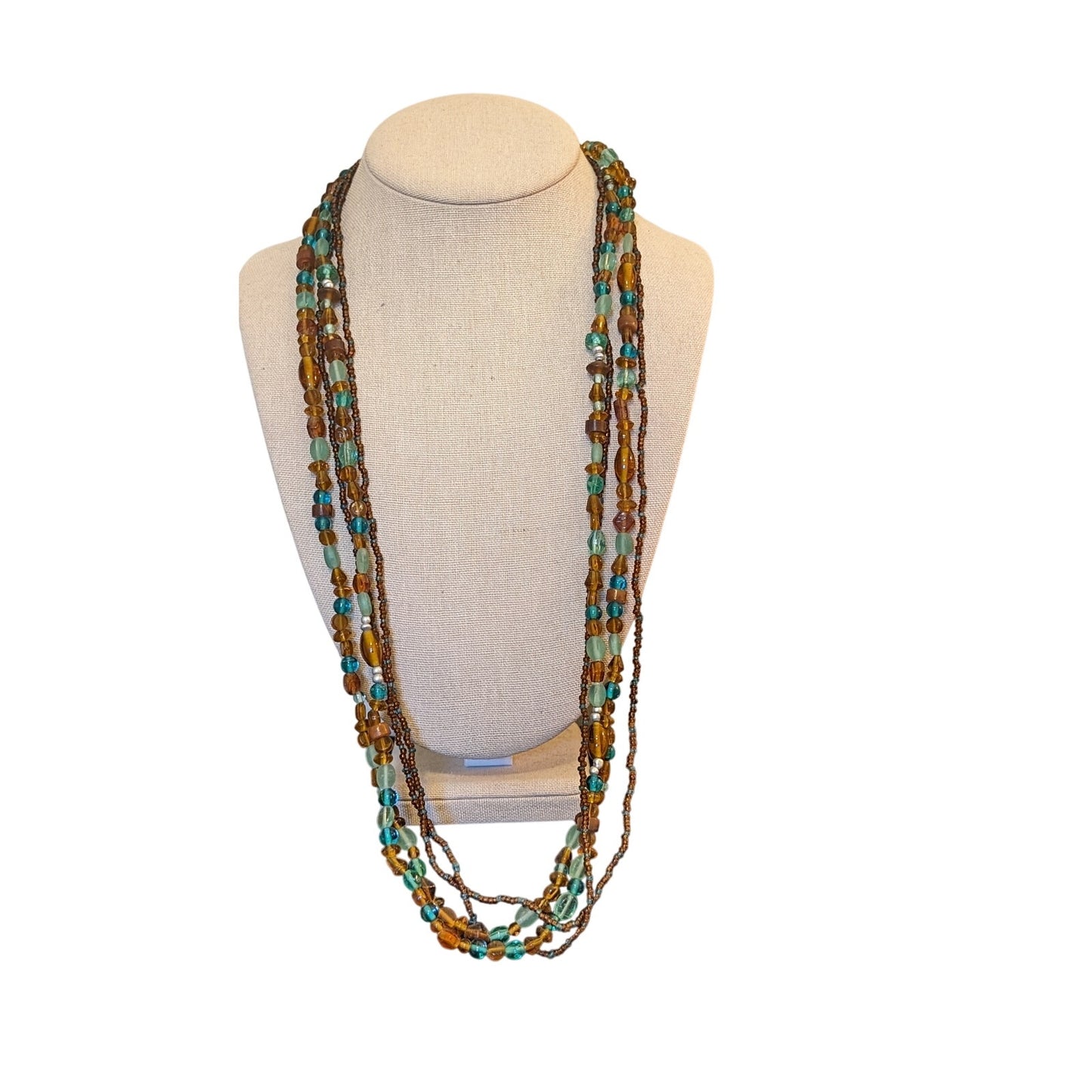 Multi-Strand Brown, Aqua Beaded 30-33" Necklace