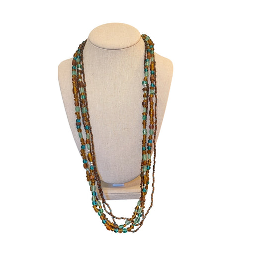 Multi-Strand Brown, Aqua Beaded 30-33" Necklace