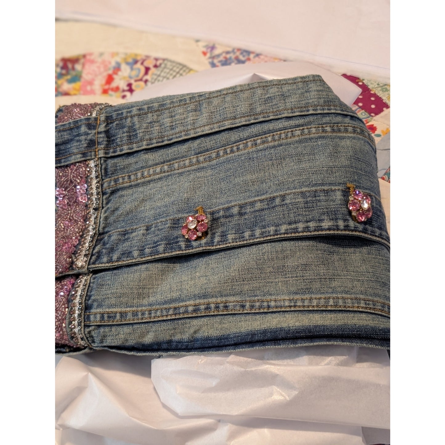 Berek by Takako Sakon Embellished Pink Sequin Bead Rhinestone Denim Jacket Sz XL
