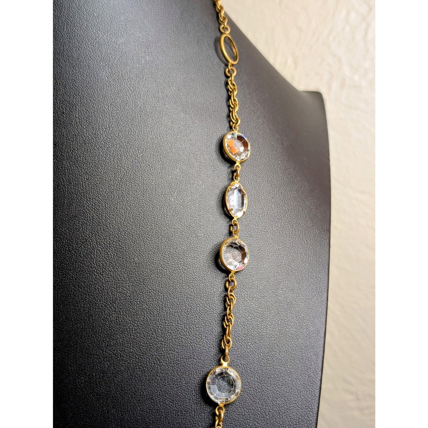 Vintage Signed Miriam Haskell Crystal Gold Tone Chain Long Necklace