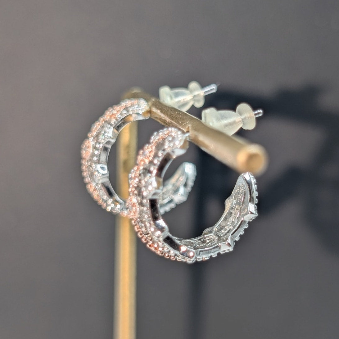 PAJ 925 Sterling Rose & Silver CZ Fancy Half Hoop Earrings