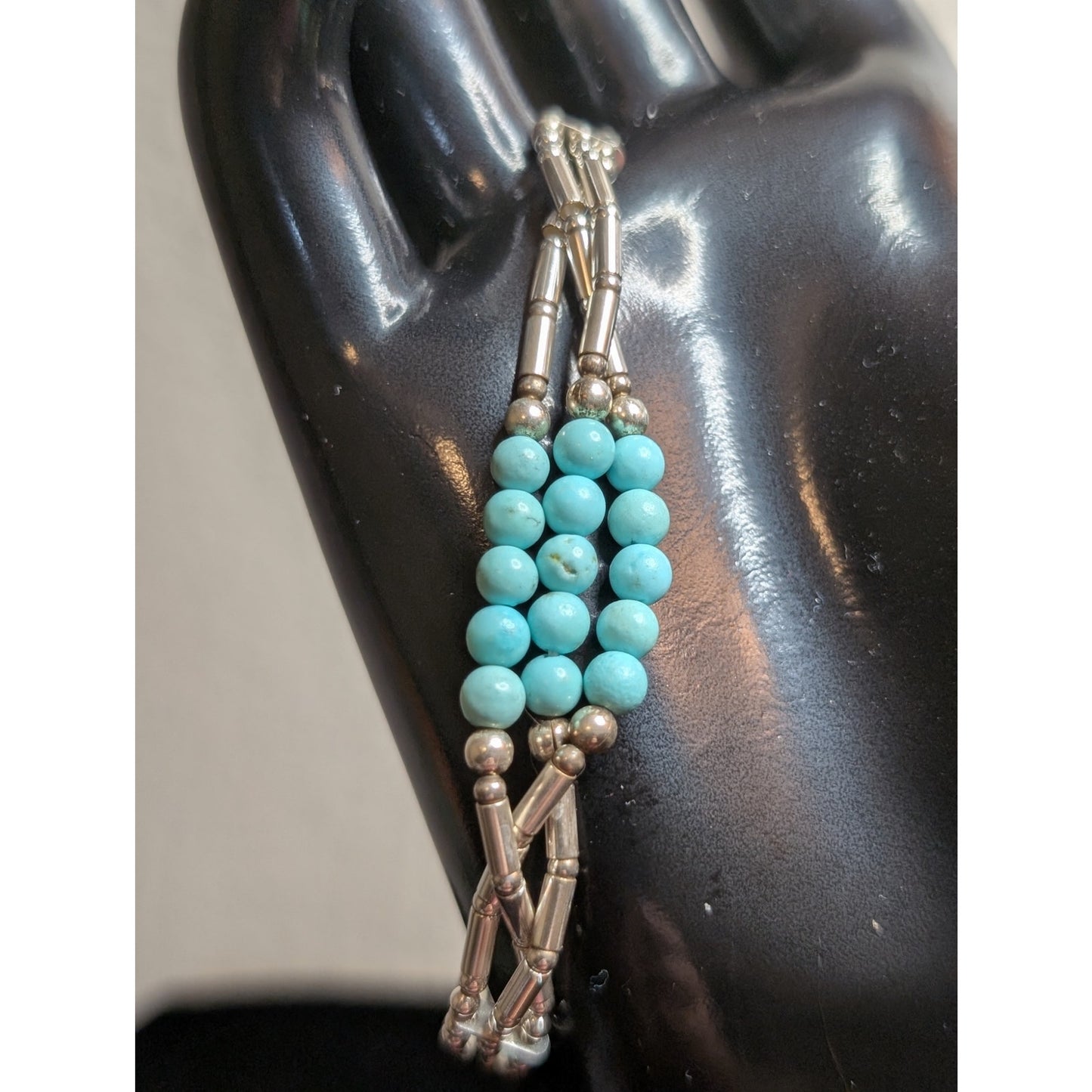 VTG Navajo Signed Turquoise Bead Three Strand Liquid Sterling Silver Bracelet