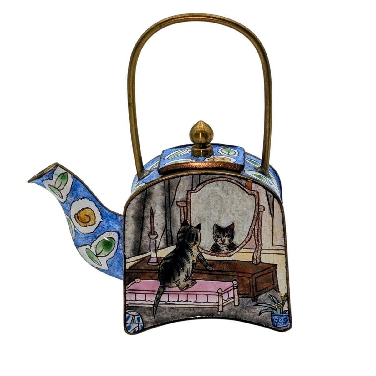 VTG Empress Arts Pretty Kitty Painted Enamel Brass Collectible Mini Teapot