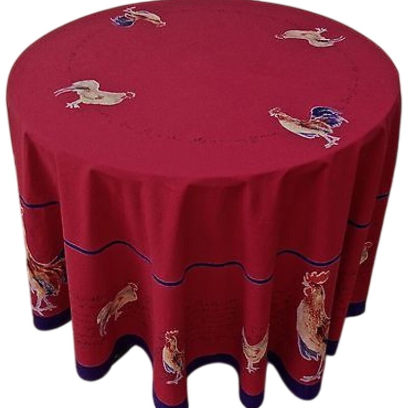 Williams Sonoma Red French Script Rooster 100% Cotton 70" Round Table Cloth