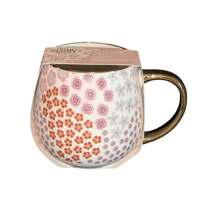 NWT Thyme & Table Pink Floral Ceramic 18 oz. Gold Trim Coffee Tea Mug