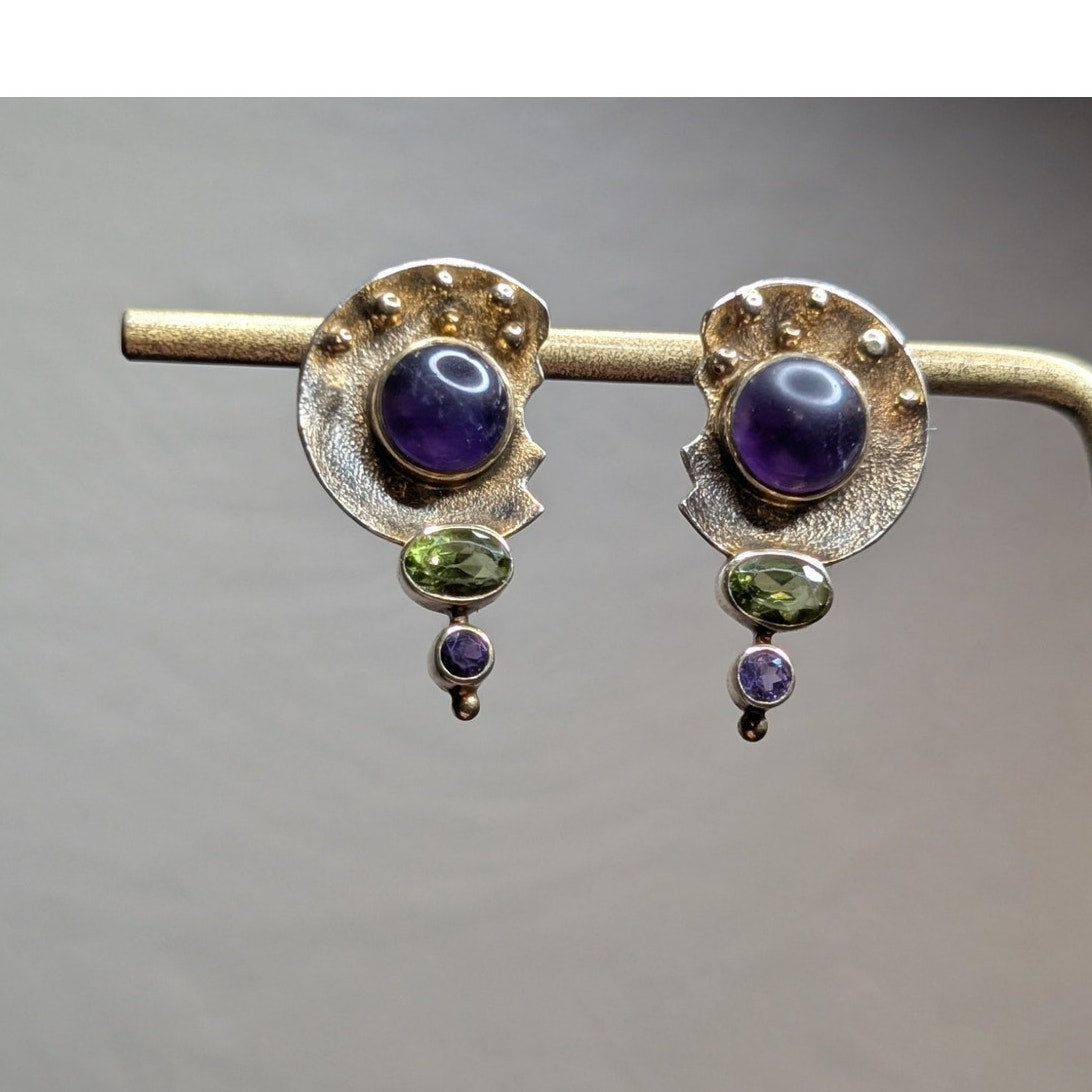 925 Sterling Silver Two Tone Amethyst & Peridot Pierced Post Earrings