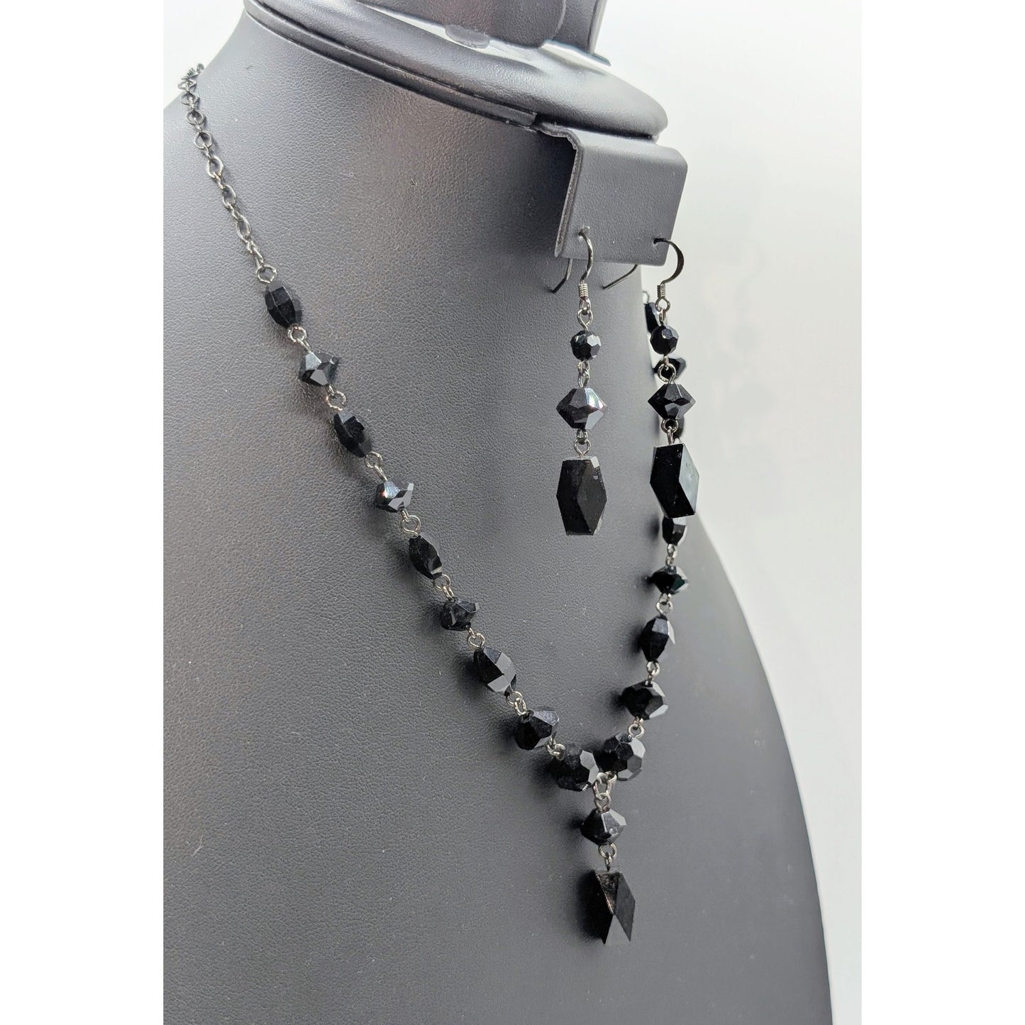 Gun Metal Black Glass Bead Y-Drop 16"-18.5" Necklace & Matching Earring Set