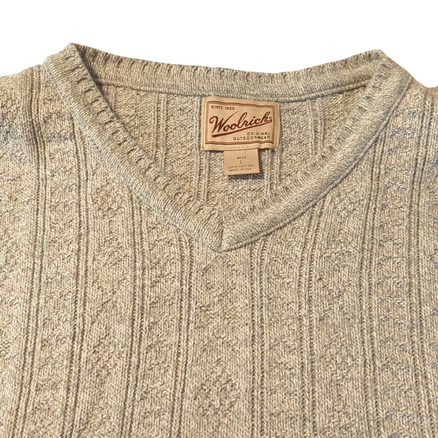 Woolrich Gray Knit V-Neck Sweater with Blue Stripe Chest Design Men's Size L