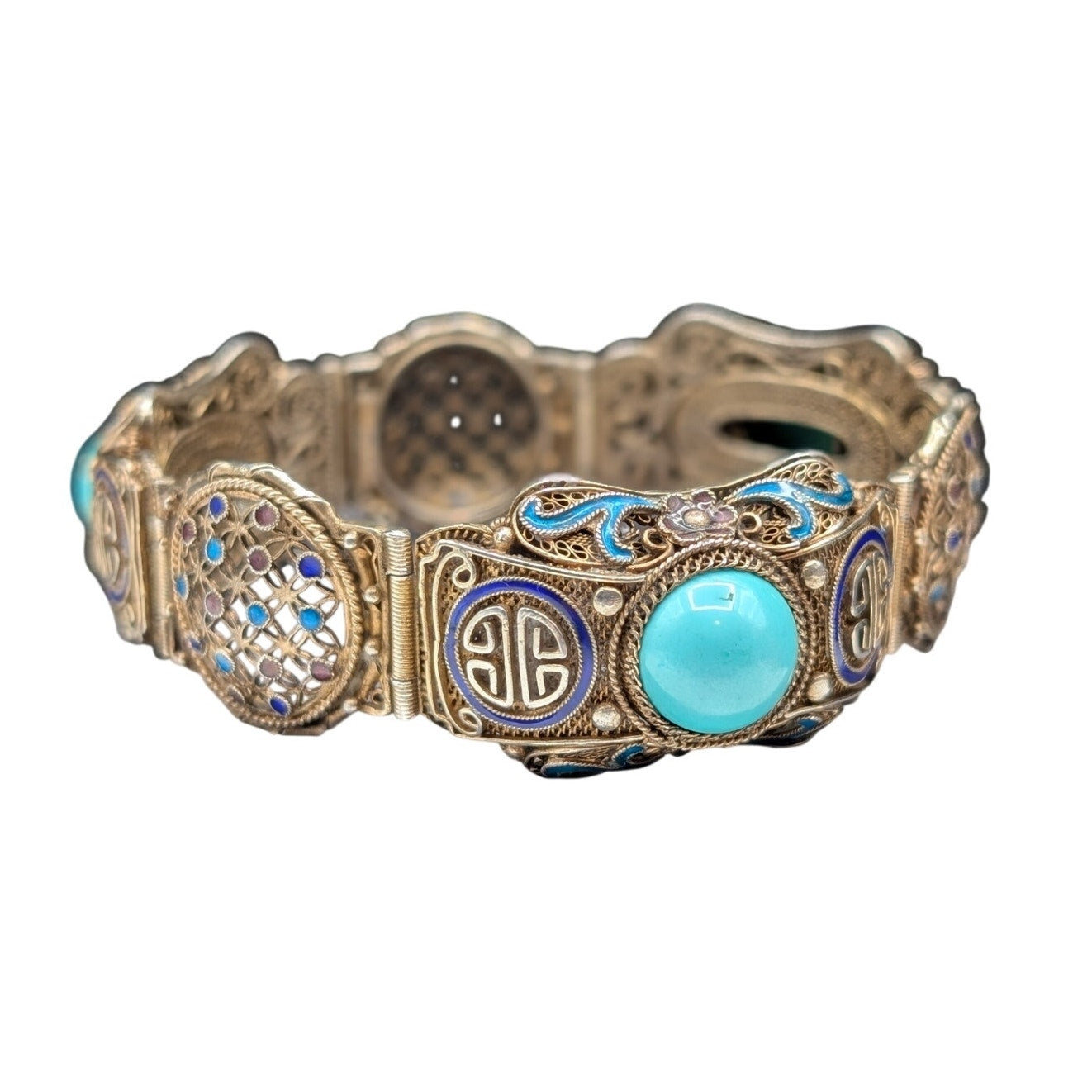 Antique 1900 Chinese Export .900 Silver Gilt Filigree Turquoise Enamel Bracelet