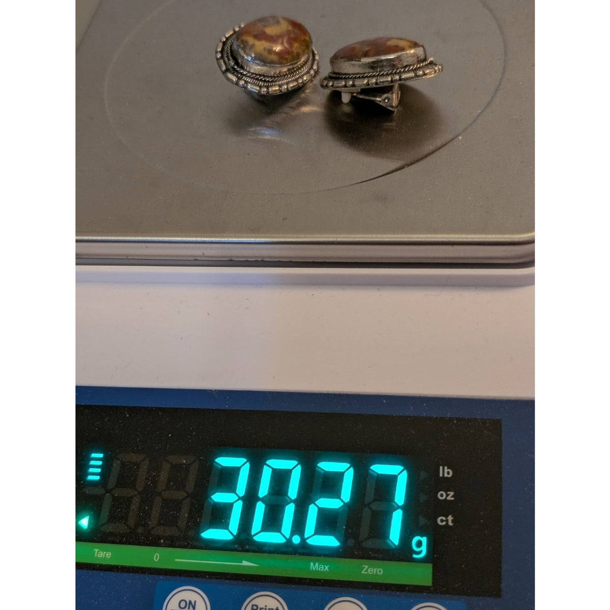 Vintage Large Chunky Bezel Set Jasper Stone Silver Tone Clip On Earrings