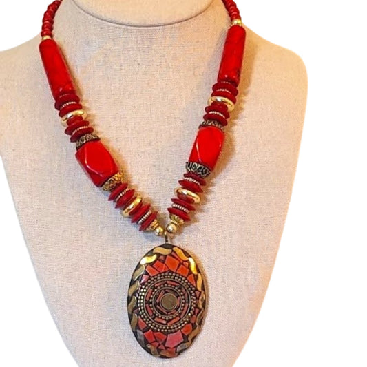 Red Tribal Vibe Inlay Pendant Necklace with Vintage Hook Clasp