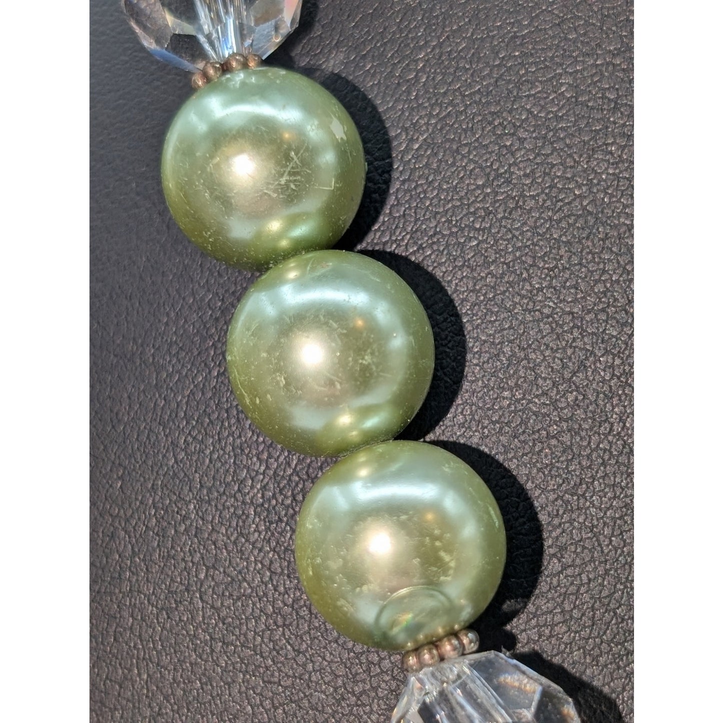 925 Sterling Silver Large Green Faux Pearl Glass Crystal Bead Necklace