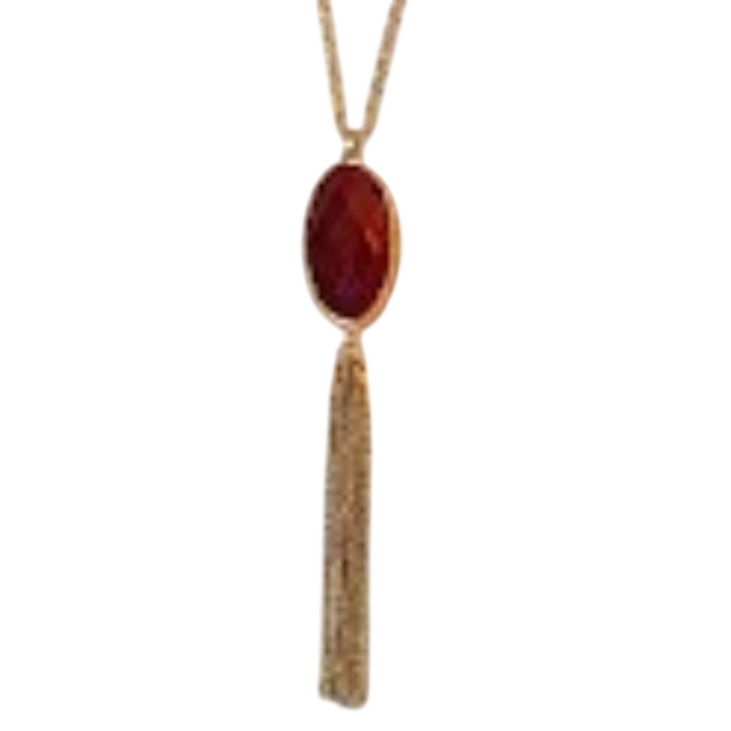 Long Gold Tone Red Reversible Pendant With Tassel